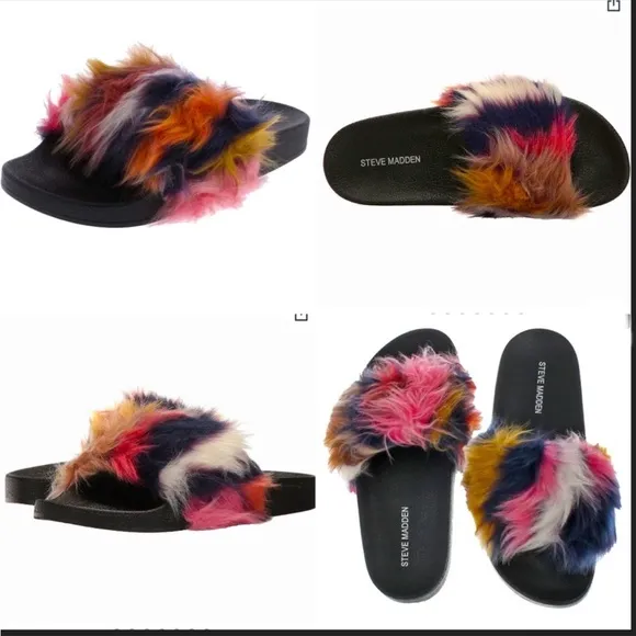 Steve Madden faux fur slides sandals shoes Steve Madden sandals rainbow fur