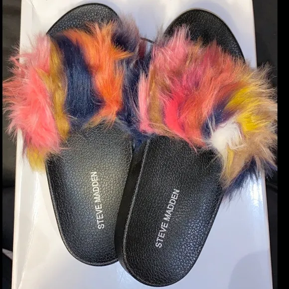 Steve Madden faux fur slides sandals shoes Steve Madden sandals rainbow fur