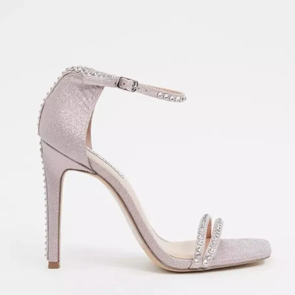 STEVE MADDEN Pink Glitter Rhinestone Padded Collette Square Toe Stiletto Sandals