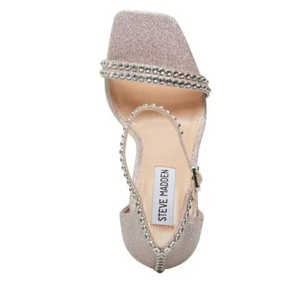 STEVE MADDEN Pink Glitter Rhinestone Padded Collette Square Toe Stiletto Sandals