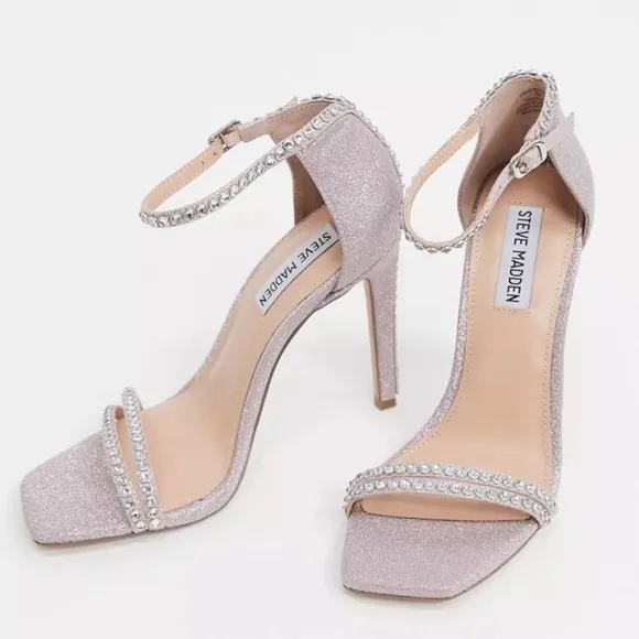 STEVE MADDEN Pink Glitter Rhinestone Padded Collette Square Toe Stiletto Sandals