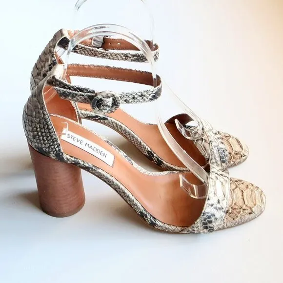 Steve Madden Sara Snakeskin Cylinder Heel Ankle Strap Sandals Size 7.5