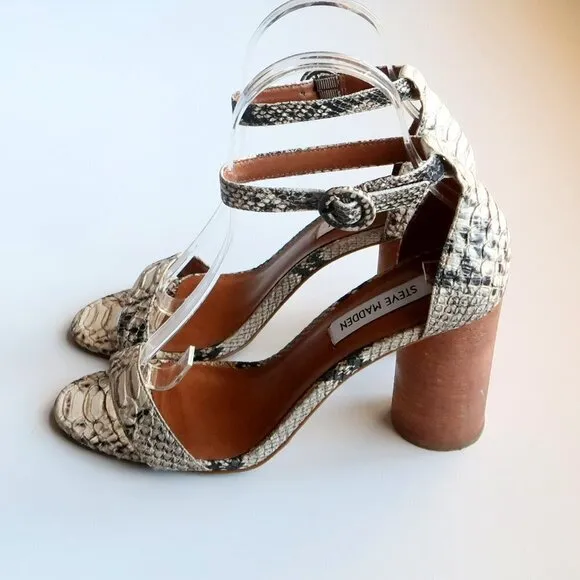 Steve Madden Sara Snakeskin Cylinder Heel Ankle Strap Sandals Size 7.5