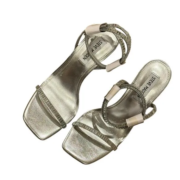 Steve Madden Thierry Ankle Strap Embellished High Heel Sandals Silver Size 6 NWB