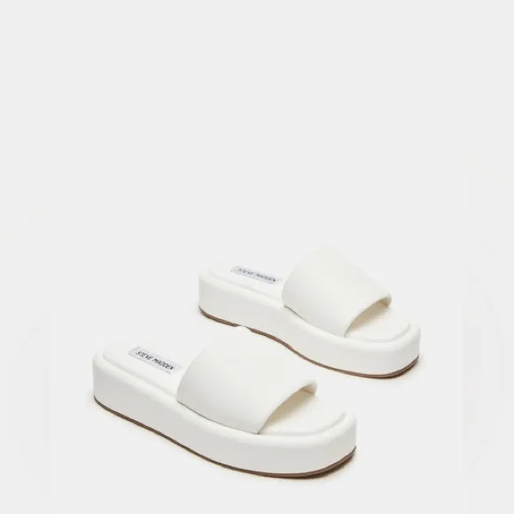 STEVE MADDEN White Platform Square Toe Flat Wedge Beach Slides Sandals Leather