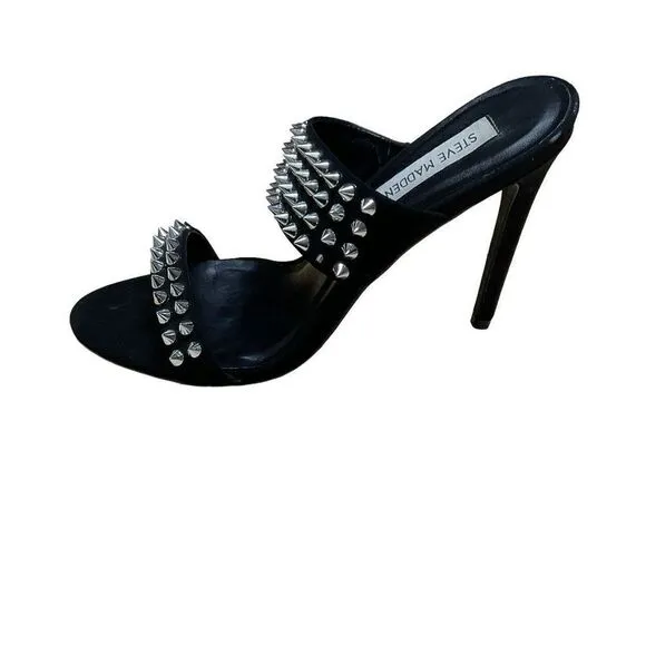Steve Madden Radar Heels Sandals Black Silver Toned Studded Bands 4.5” Heels 8.5