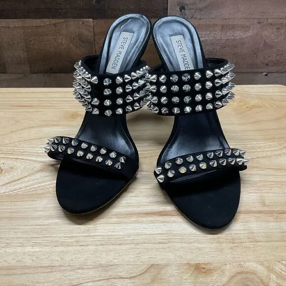 Steve Madden Radar Heels Sandals Black Silver Toned Studded Bands 4.5” Heels 8.5