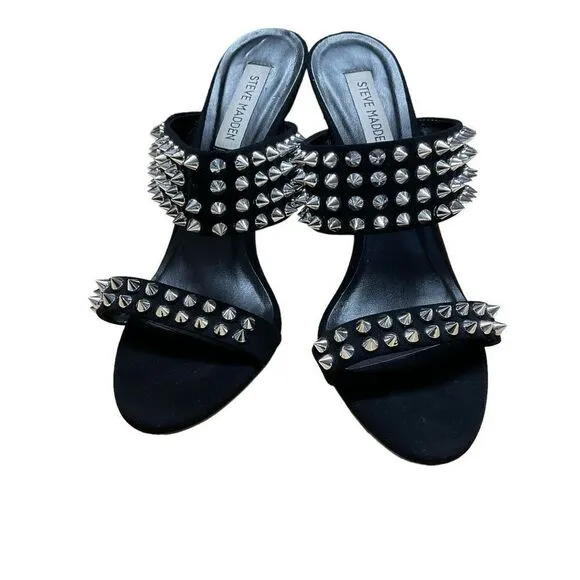 Steve Madden Radar Heels Sandals Black Silver Toned Studded Bands 4.5” Heels 8.5