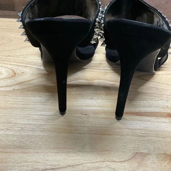 Steve Madden Radar Heels Sandals Black Silver Toned Studded Bands 4.5” Heels 8.5