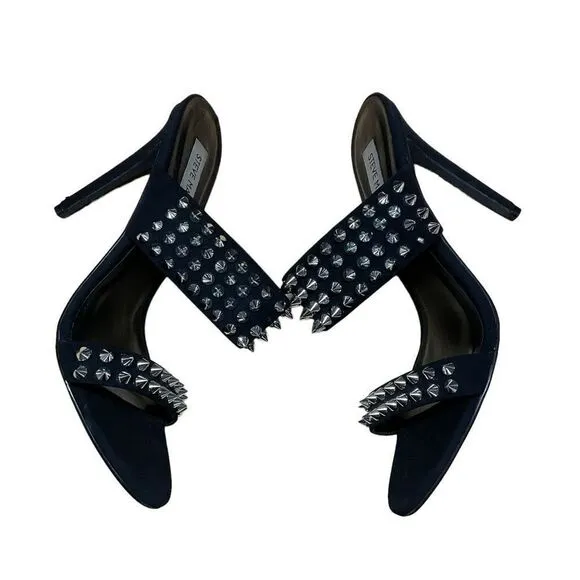 Steve Madden Radar Heels Sandals Black Silver Toned Studded Bands 4.5” Heels 8.5