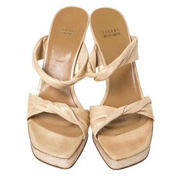 Stuart Weitzman Beige Twist Leather And Silver Glitter Platform Slide Sandals