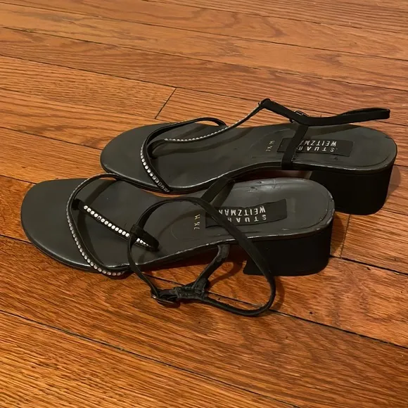 Stuart Weitzman black dressy wedge heel sandal with rhinestones. 7 1/2 M