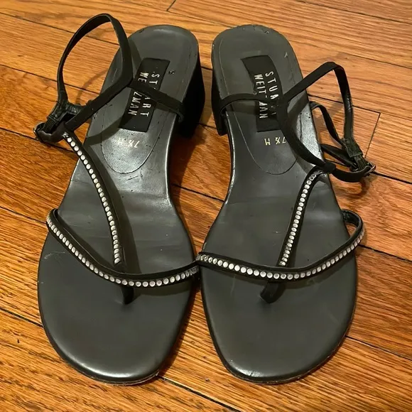 Stuart Weitzman black dressy wedge heel sandal with rhinestones. 7 1/2 M