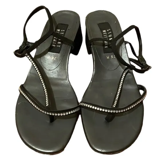 Stuart Weitzman black dressy wedge heel sandal with rhinestones. 7 1/2 M