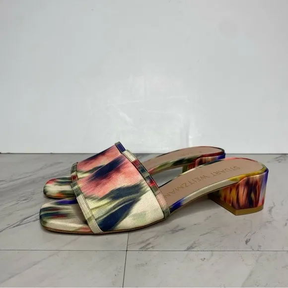 Stuart Weitzman Cayman 35 Square Toe Multicolor Block Heel Sandal 7 1/2 B