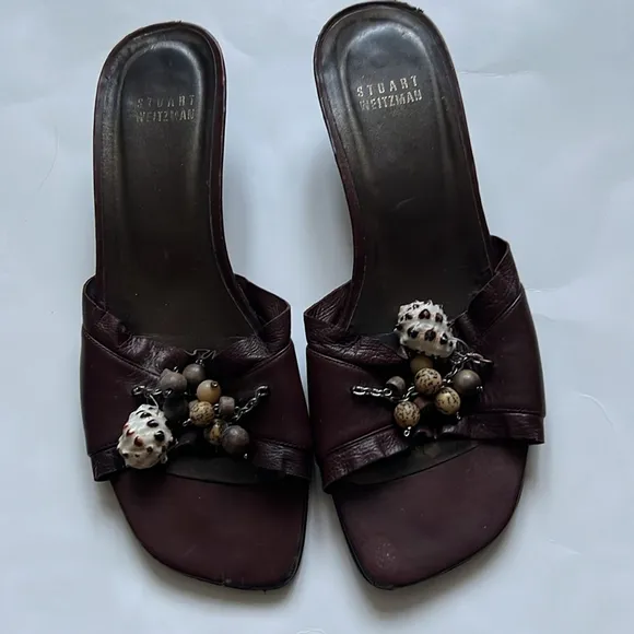 Stuart Weitzman Leather Conch Shell And Bead Embellished Wooden Heel Sandals