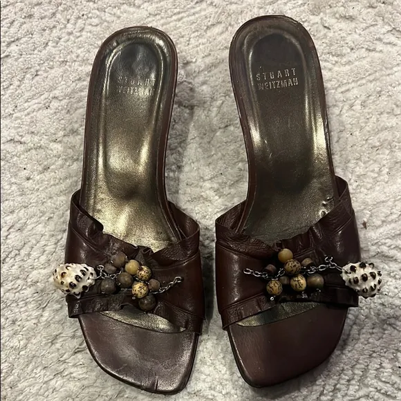 Stuart Weitzman Leather Conch Shell And Bead Embellished Wooden Heel Sandals