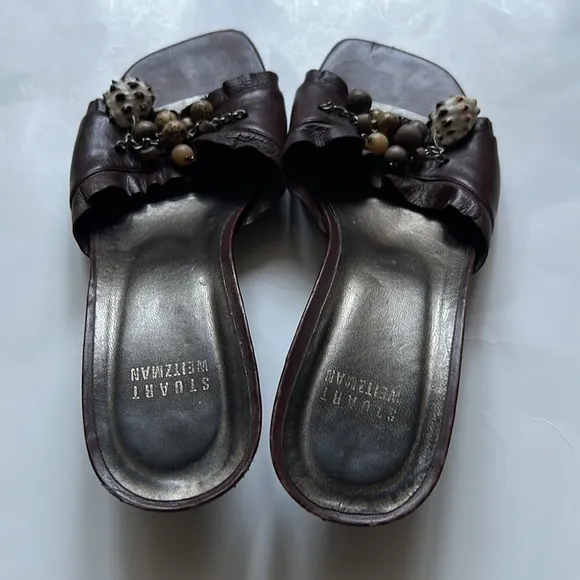 Stuart Weitzman Leather Conch Shell And Bead Embellished Wooden Heel Sandals
