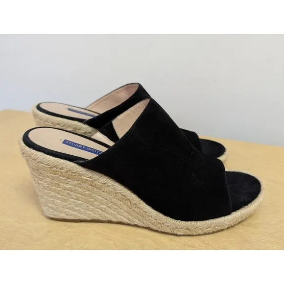 Stuart Weitzman Marabella Suede Espadrille Wedge Sandals Minimalist Black 10