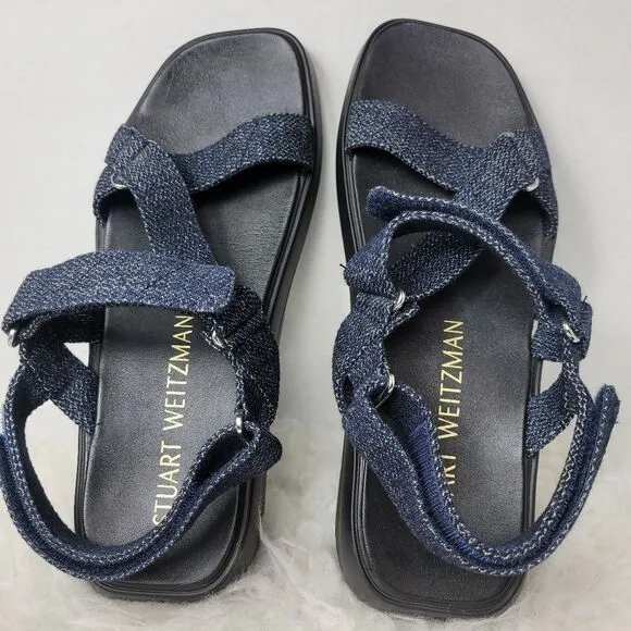Stuart Weitzman Moxie Blue Navy Denim Platform Sport Sandals Size 8