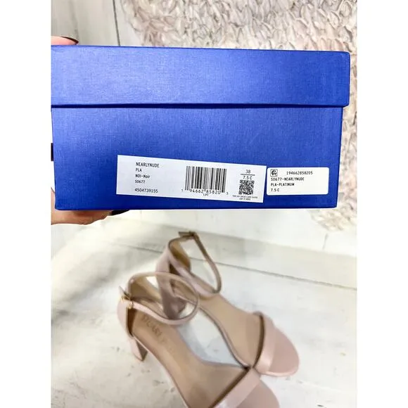 Stuart Weitzman NearlyNude Leather Ankle Strap Block Heel Sandals Dolce 38/7.5C