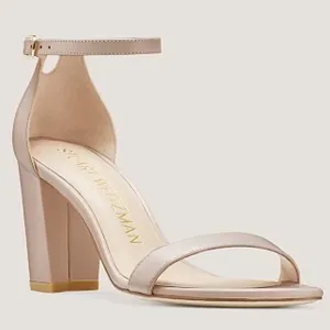 Stuart Weitzman NearlyNude Leather Ankle Strap Block Heel Sandals Dolce 38/7.5C