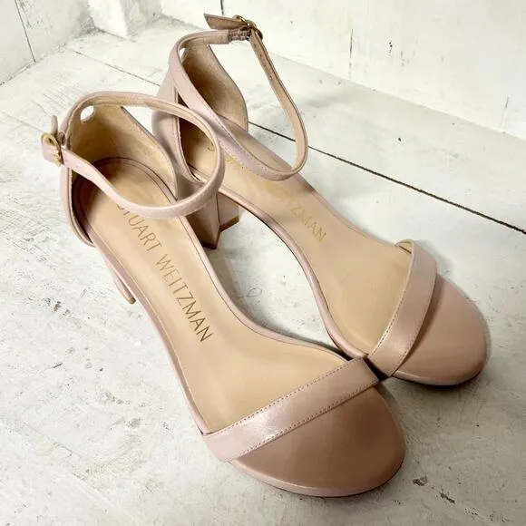 Stuart Weitzman NearlyNude Leather Ankle Strap Block Heel Sandals Dolce 38/7.5C