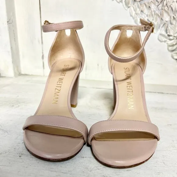 Stuart Weitzman NearlyNude Leather Ankle Strap Block Heel Sandals Dolce 38/7.5C