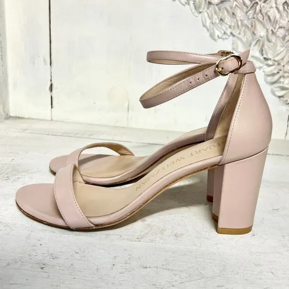 Stuart Weitzman NearlyNude Leather Ankle Strap Block Heel Sandals Dolce 38/7.5C