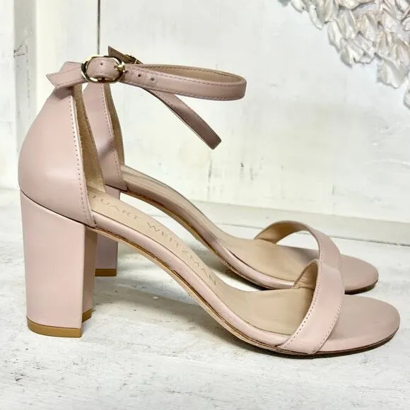 Stuart Weitzman NearlyNude Leather Ankle Strap Block Heel Sandals Dolce 38/7.5C
