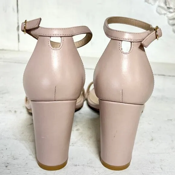 Stuart Weitzman NearlyNude Leather Ankle Strap Block Heel Sandals Dolce 38/7.5C
