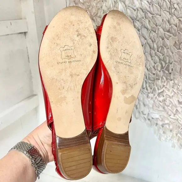 Stuart Weitzman Patent Leather Slip On Peep Toe Cutout Flat Red Women's Size 8 M