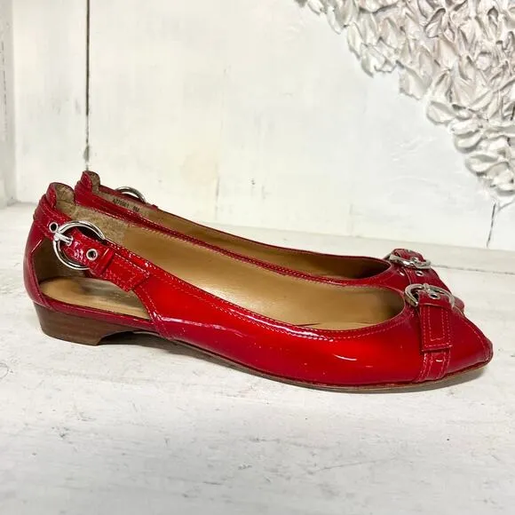 Stuart Weitzman Patent Leather Slip On Peep Toe Cutout Flat Red Women's Size 8 M