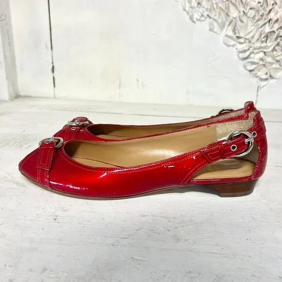 Stuart Weitzman Patent Leather Slip On Peep Toe Cutout Flat Red Women's Size 8 M