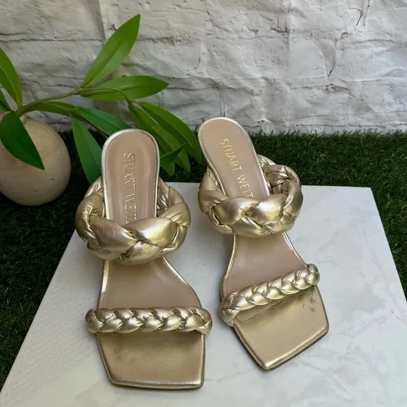 STUART WEITZMAN Playa SQUARE MetallicLEATHER Braided Slide Sandals 7.5