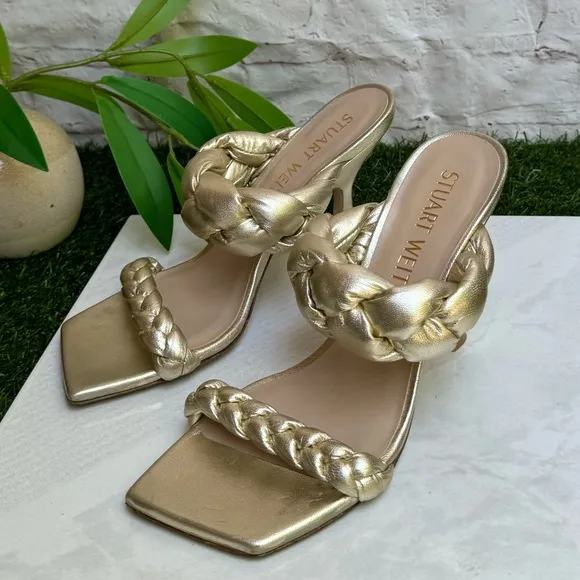 STUART WEITZMAN Playa SQUARE MetallicLEATHER Braided Slide Sandals 7.5