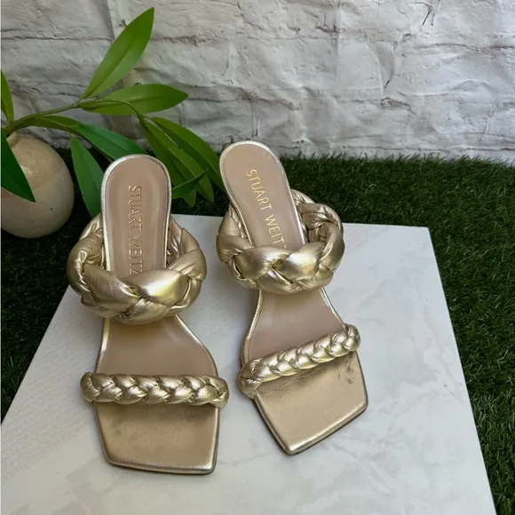 STUART WEITZMAN Playa SQUARE MetallicLEATHER Braided Slide Sandals 7.5