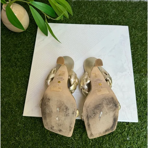 STUART WEITZMAN Playa SQUARE MetallicLEATHER Braided Slide Sandals 7.5
