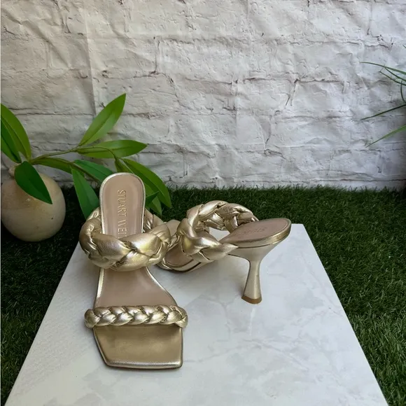 STUART WEITZMAN Playa SQUARE MetallicLEATHER Braided Slide Sandals 7.5