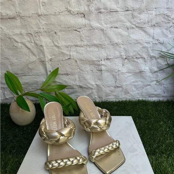 STUART WEITZMAN Playa SQUARE MetallicLEATHER Braided Slide Sandals 7.5