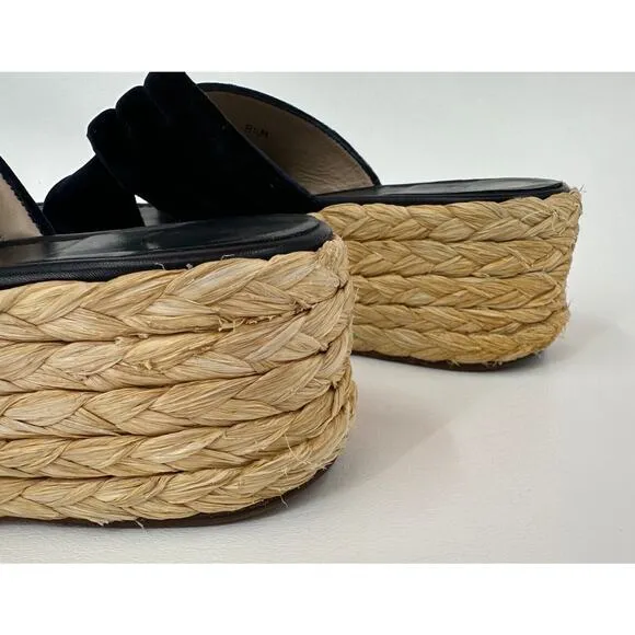Stuart Weitzman Pufftopraffia Navy Blue Velvet Wedge Platform Raffia Sandals 8.5