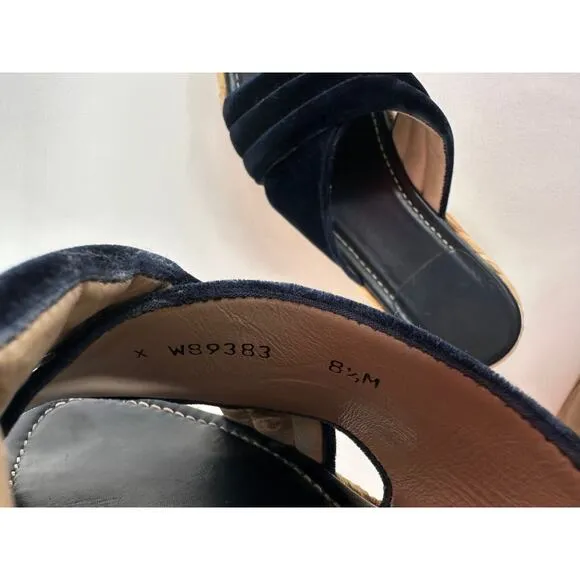 Stuart Weitzman Pufftopraffia Navy Blue Velvet Wedge Platform Raffia Sandals 8.5