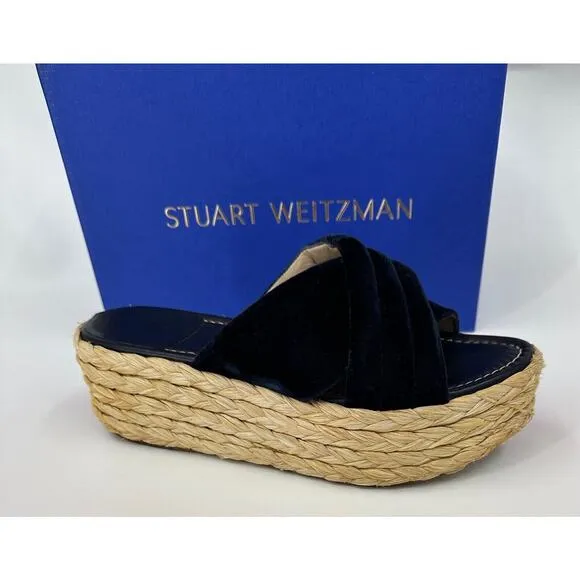 Stuart Weitzman Pufftopraffia Navy Blue Velvet Wedge Platform Raffia Sandals 8.5