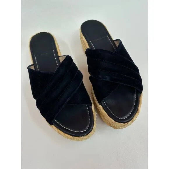 Stuart Weitzman Pufftopraffia Navy Blue Velvet Wedge Platform Raffia Sandals 8.5