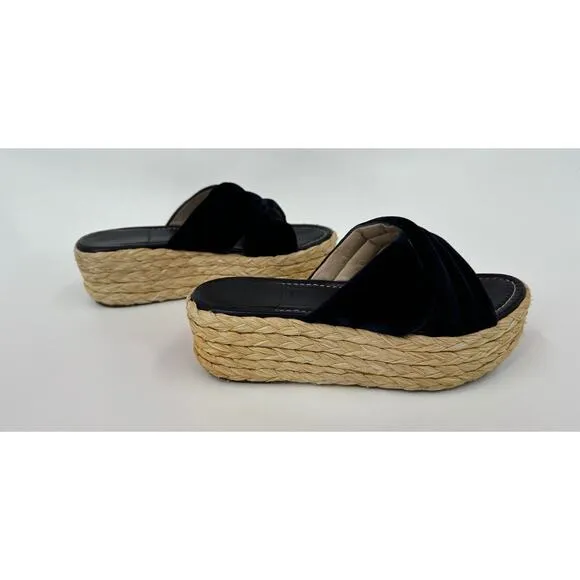 Stuart Weitzman Pufftopraffia Navy Blue Velvet Wedge Platform Raffia Sandals 8.5