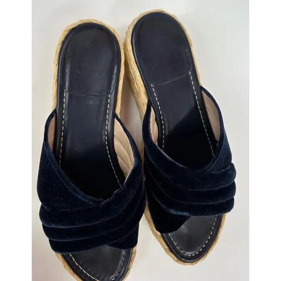 Stuart Weitzman Pufftopraffia Navy Blue Velvet Wedge Platform Raffia Sandals 8.5