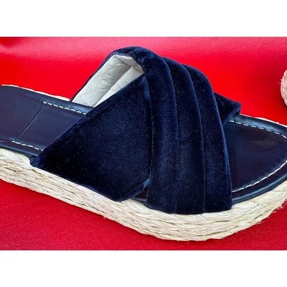 Stuart Weitzman Pufftopraffia Navy Blue Velvet Wedge Platform Raffia Sandals 8.5