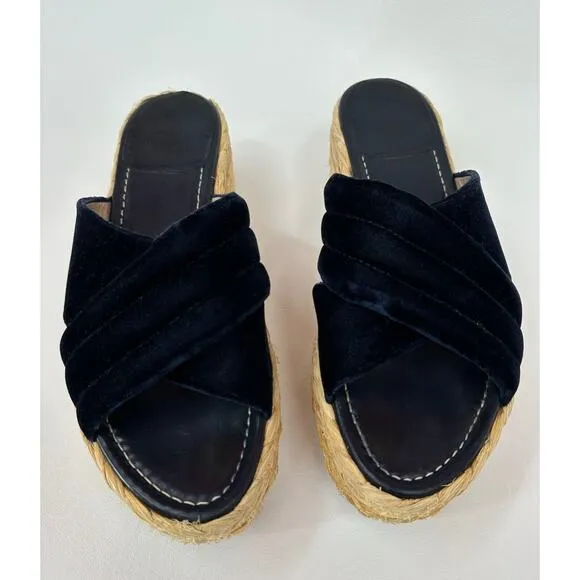 Stuart Weitzman Pufftopraffia Navy Blue Velvet Wedge Platform Raffia Sandals 8.5