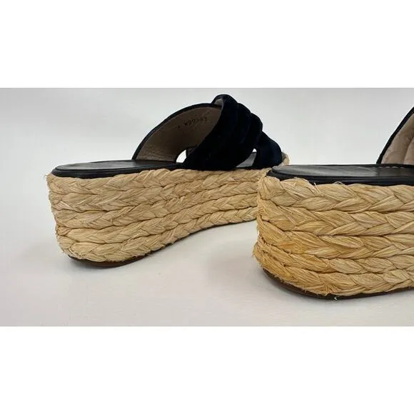 Stuart Weitzman Pufftopraffia Navy Blue Velvet Wedge Platform Raffia Sandals 8.5