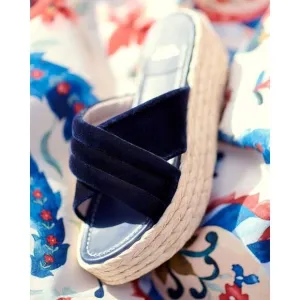 Stuart Weitzman Pufftopraffia Navy Blue Velvet Wedge Platform Raffia Sandals 8.5